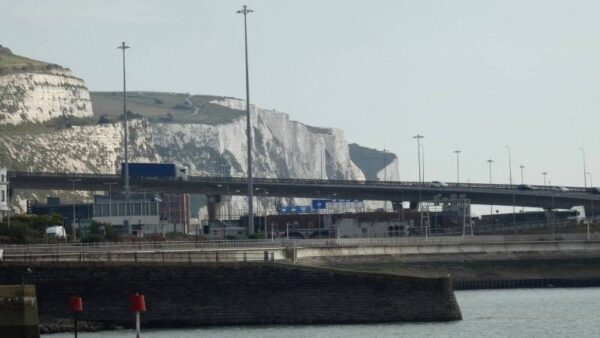 White Cliffs of Dover, France passenger ferry in the foreground